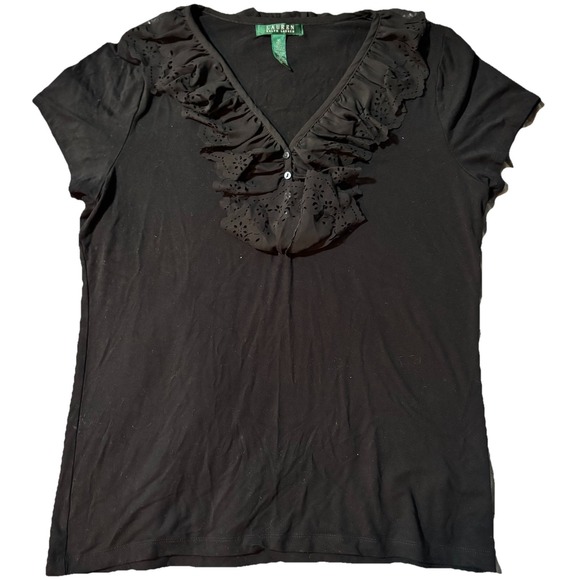 Lauren Ralph Lauren Tops - Lauren Ralph‎ Lauren Black Eyelet Ruffle V-Neck Short Sleeve Top XL 00000624